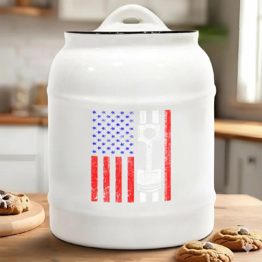 American Flag Piston Muscle Car Patriotic Vintage Ceramic Cookie Jars