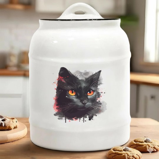 Black Cat Japanese Watercolor Mystery Gaze Ceramic Cookie Jars