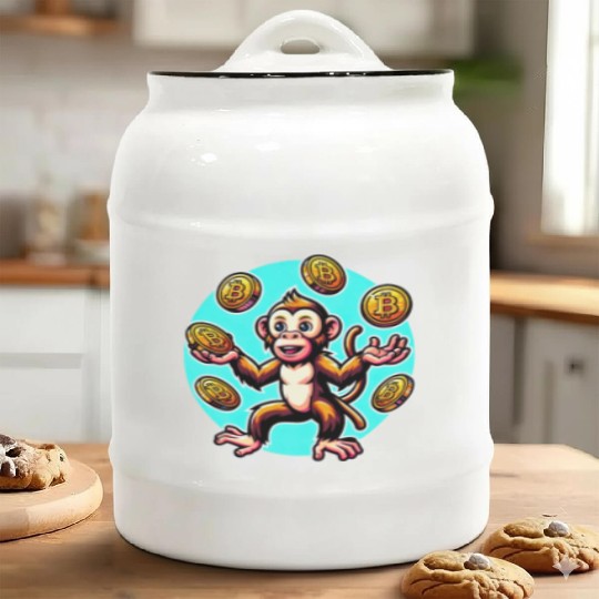 Bitcoin Juggling Monkey - Digital Art Ceramic Cookie Jars