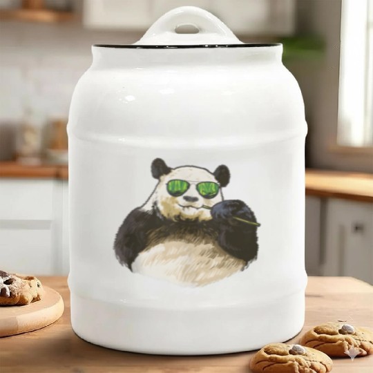 Chilling Panda Eating Bamboo Bear Ceramic Cookie Jars
