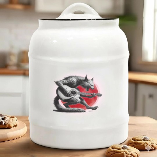 Rock Cat Playing Guitar Ceramic Cookie Jars under the red moon