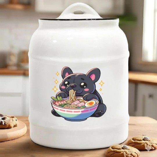 Cute French Bulldog Eats Ramen Noodles Frenchies Ceramic Cookie Jars
