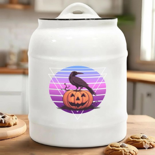 Raven Crow On Pumpkin Vaporwave Halloween Pagan Ae Ceramic Cookie Jars