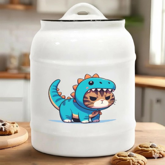 Grumpy Cat in Velociraptor Costume Ceramic Cookie Jars