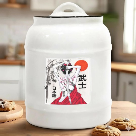Vintage Japanese Samurai Culture Sakura Scenery Ceramic Cookie Jars