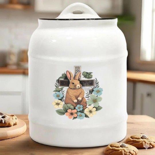 Christian Easter Day Cross Easter Bunny Rabbit Ceramic Cookie Jars