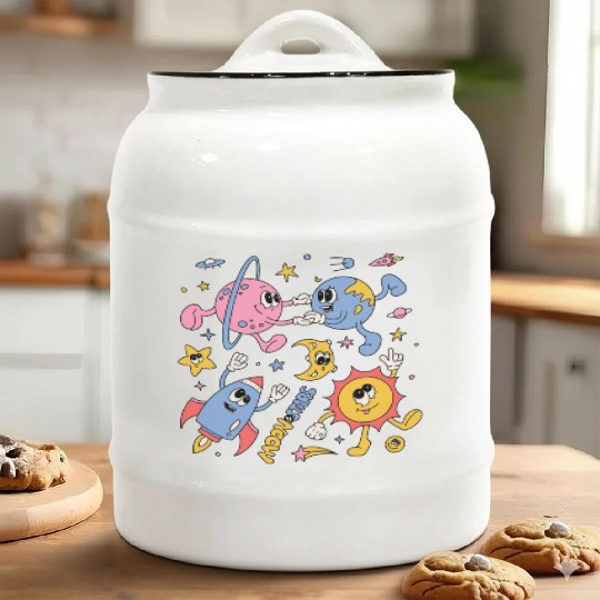 Solar System Planets Moon Sun Saturn Cute Groovy Ceramic Cookie Jars