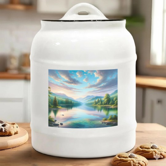 Tranquil Dawn Serene Lake and Forest Landscape Ceramic Cookie Jars