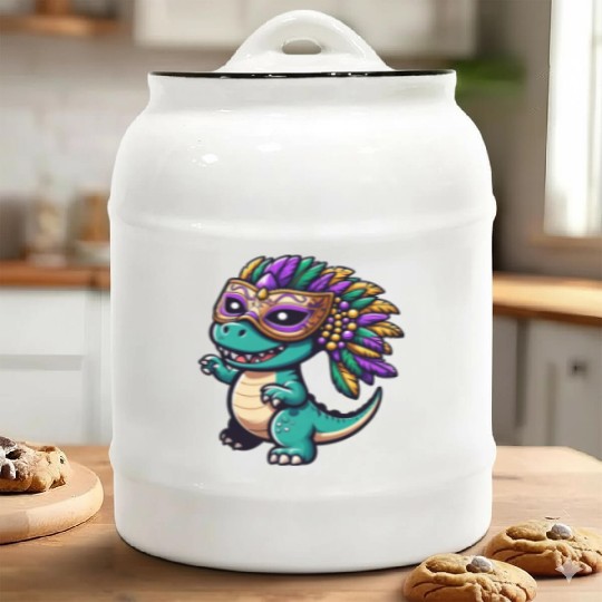 Mardi Gras T-Rex Dino: Mask and Beads Ceramic Cookie Jars
