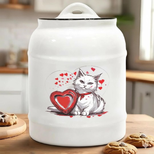 Valentines Day White Cat With Red Heart Box Ceramic Cookie Jars