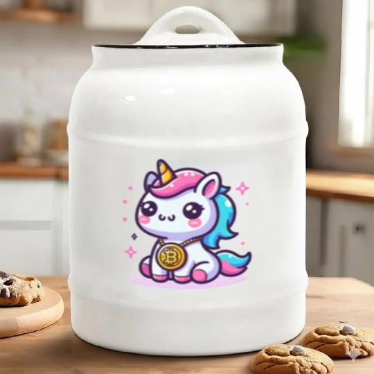 Crypto Cutie: Magical Unicorn with Bitcoin Ceramic Cookie Jars