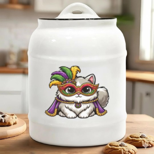 Mardi Gras Persian Cat, Masked Cat Costume Ceramic Cookie Jars