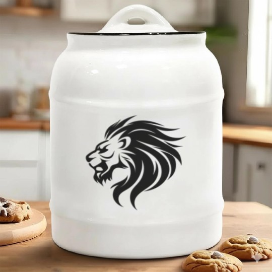 Angry Lion Head Tattoo Style Waving Mane Ceramic Cookie Jars