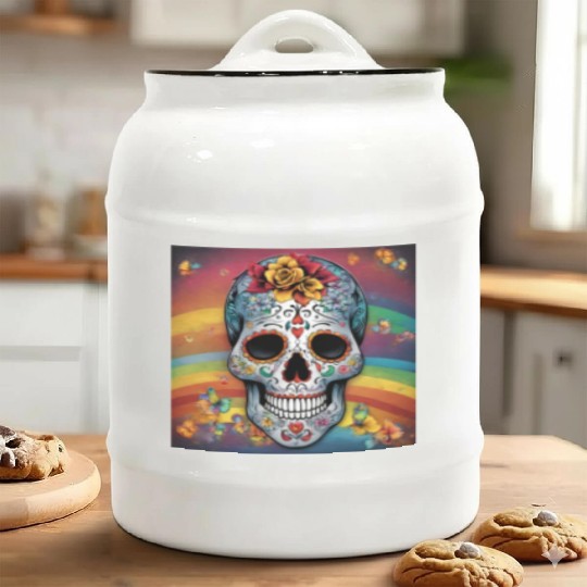 A Sugar Skull pastel colors & Rainbow Ceramic Cookie Jars