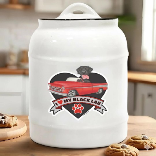 Cute black lab in classic truck inside a heart Ceramic Cookie Jars