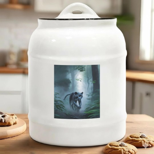 "Mystical Panther Encounter: Forest Stroll in Mist Ceramic Cookie Jars