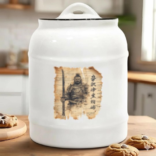 Vintage Papyrus Scroll Japanese Silhouette Samurai Ceramic Cookie Jars