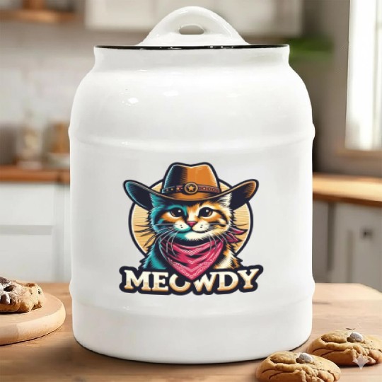 Cute Meowdy Cat Cowboy Pun Ceramic Cookie Jars
