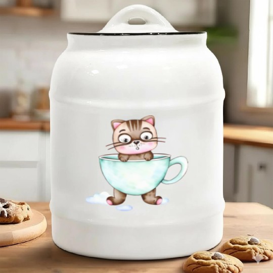 Surprised Silly Cat Wearing Coffee Cup Ceramic Cookie Jars