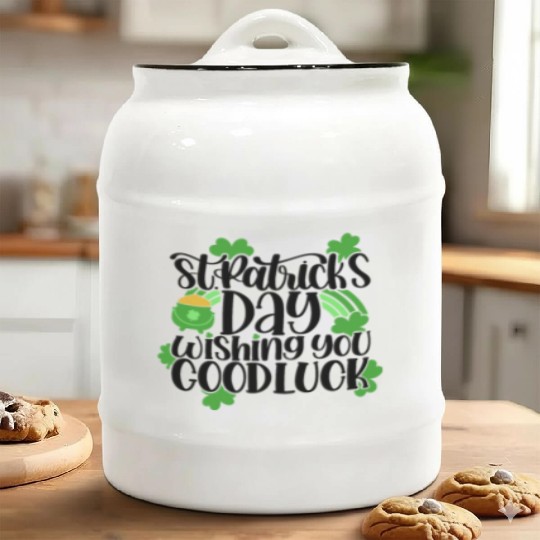St. Patrick's Day Good Luck Ceramic Cookie Jars, Clover and Po