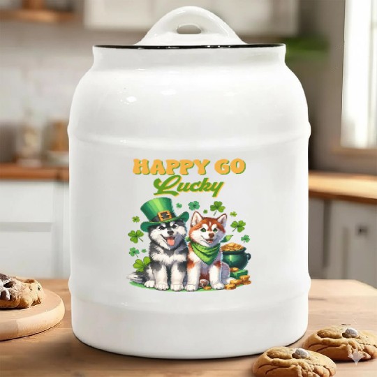 Happy Go Lucky Cute Husky St Patricks Day Ceramic Cookie Jars