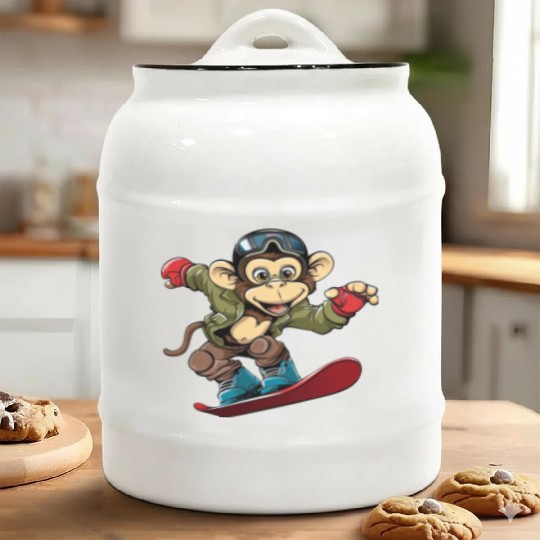 Monkey Chimpanzee Snowboarder Winter Sports Ceramic Cookie Jars