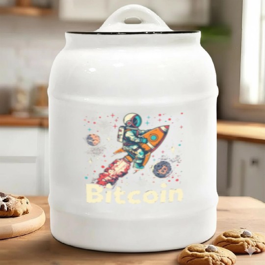 Pi day 3.14 Crypto Bitcoin Rocket Riding Astronaut Ceramic Cookie Jars