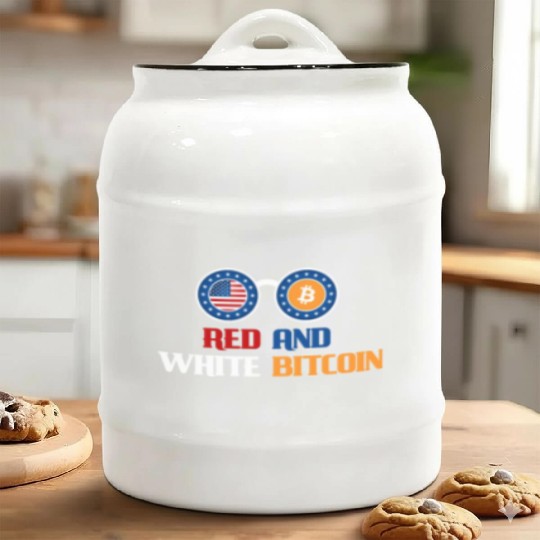 Red and White Bitcoin Ceramic Cookie Jars