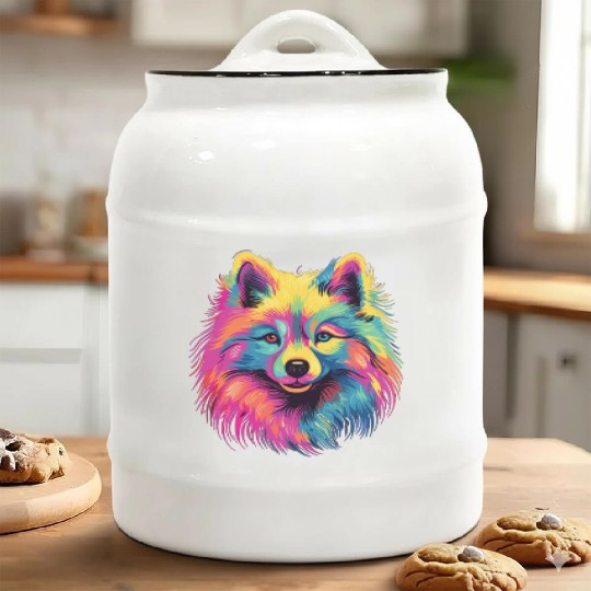 Watercolor Colorful Japan Spitz Ceramic Cookie Jars