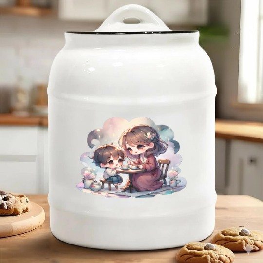 Mother and Son Enjoying a Cozy Tea Party Ceramic Cookie Jars