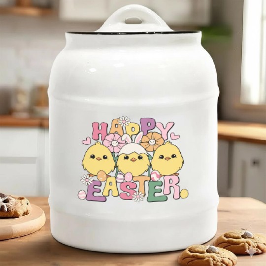 Happy Easter Easter eggs chicks Spring flowers Ceramic Cookie Jars