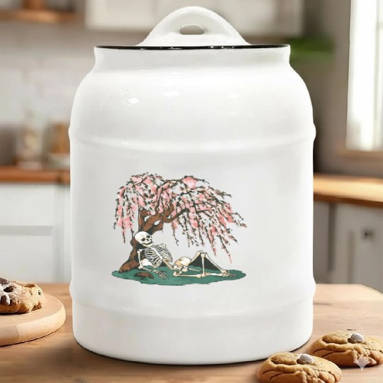 Skeleton in Repose Under a Cherry Blossom Tree Ceramic Cookie Jars