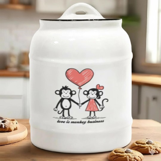 Monkey Lovers Stick Figure Couple Ceramic Cookie Jars