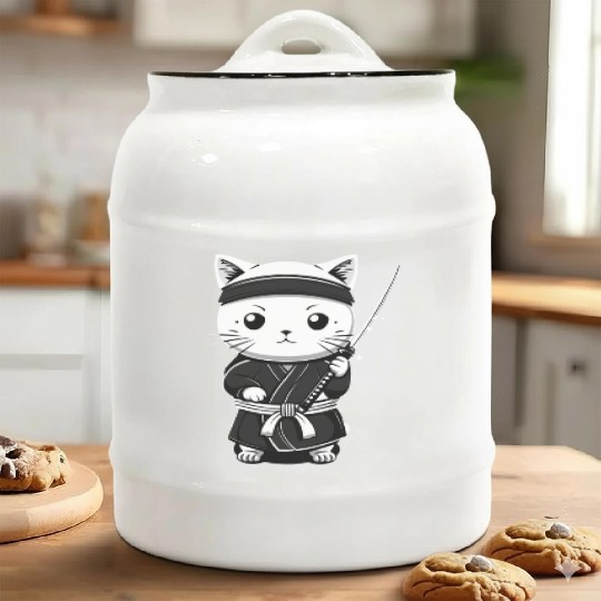 Cat Kawaii Samurai Funny Gift Ceramic Cookie Jars
