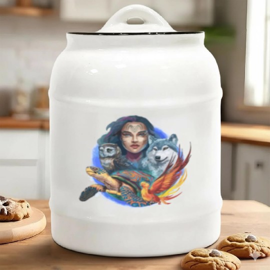 Wildlife Tribal Wolf Owl Turtle Woman for a Ceramic Cookie Jars