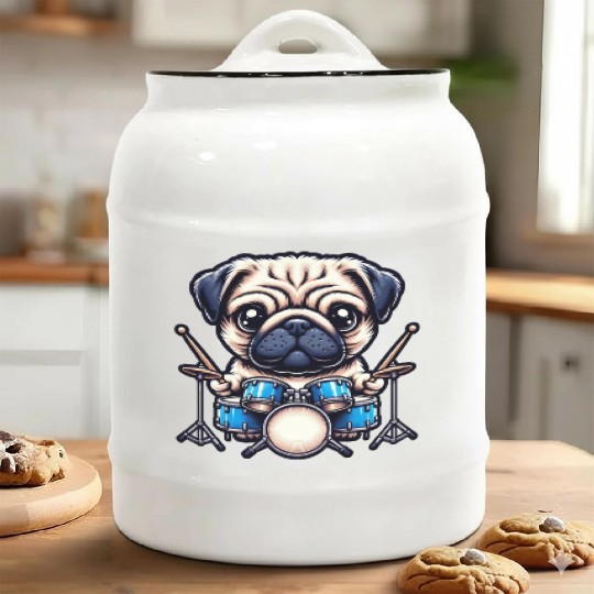 Cool Pug Drummer Puppy Beats Design Ceramic Cookie Jars