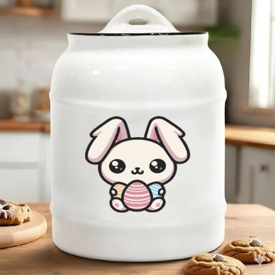 Cute Kawaii chibi Easter Bunny With Eggs Ceramic Cookie Jars