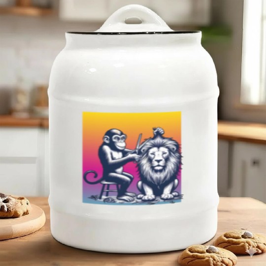 Monkey Barber Gives Lion a Trim Ceramic Cookie Jars