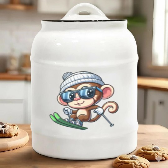 Monkey Chimpanzee Skier Skiing Ceramic Cookie Jars