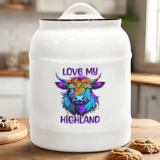 I Love My Highland | Psychedelic Cow Art Ceramic Cookie Jars
