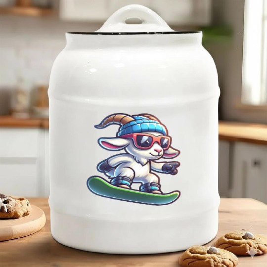 Snowboarder Goat Winter Adventure Ceramic Cookie Jars