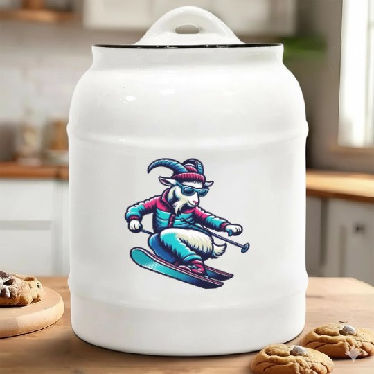 Funny Goat Skiing Down The Snowy Slopes Ceramic Cookie Jars