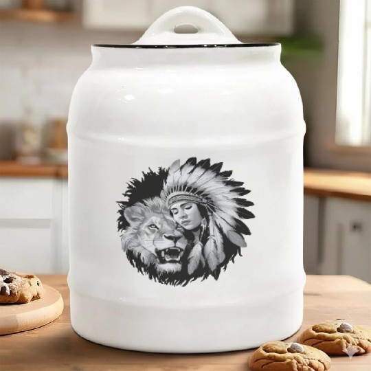 Native American woman and a majestic lion Ceramic Cookie Jars