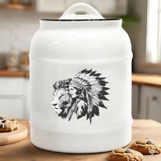 Native American woman and a majestic lion Ceramic Cookie Jars