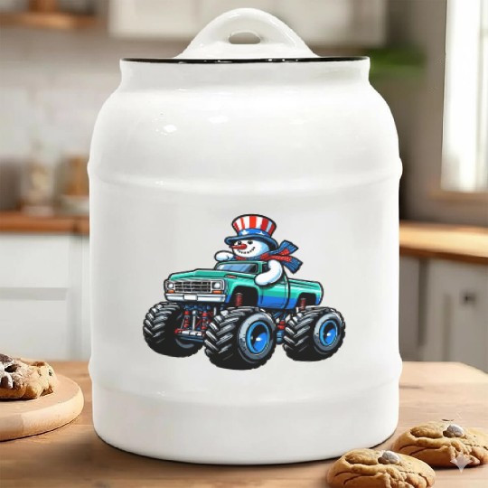 Snowman Riding Monster Truck 4th Of July Independe Ceramic Cookie Jars