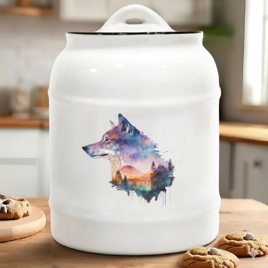 Wolf Print, Cosmic Wolves, Animal Print, Cosmos Ceramic Cookie Jars