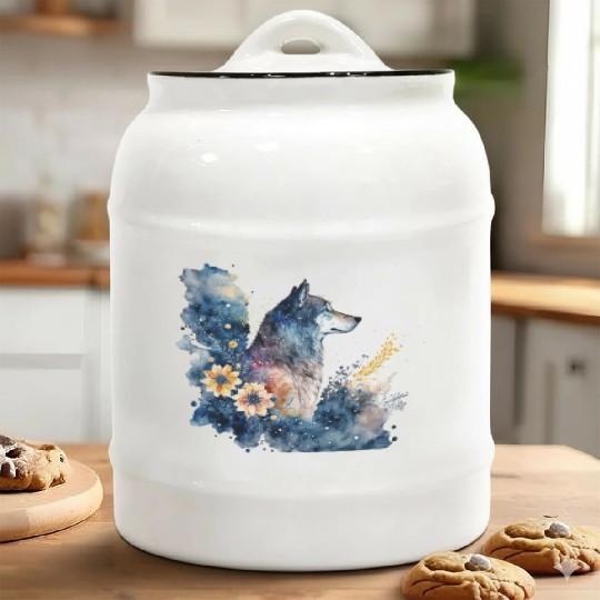 Wolf Print, Cosmic Wolves, Animal Print, Cosmos Ceramic Cookie Jars