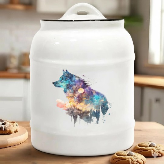 Wolf Print, Cosmic Wolves, Animal Print, Cosmos Ceramic Cookie Jars