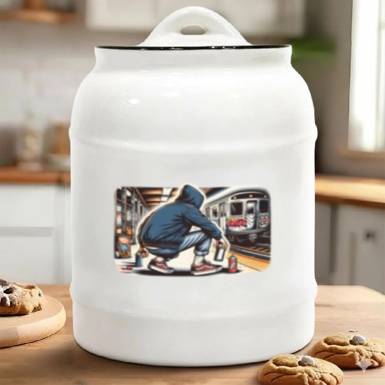 AI Teen in Subway Layup Underground- Masked Border Ceramic Cookie Jars