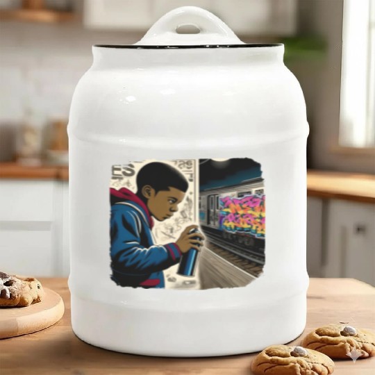 AI Teen in Underground Subway Layup -Masked Border Ceramic Cookie Jars
